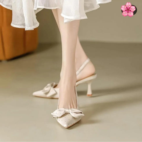 Bow Decor Pointy Toe Sling Back kitten Heels